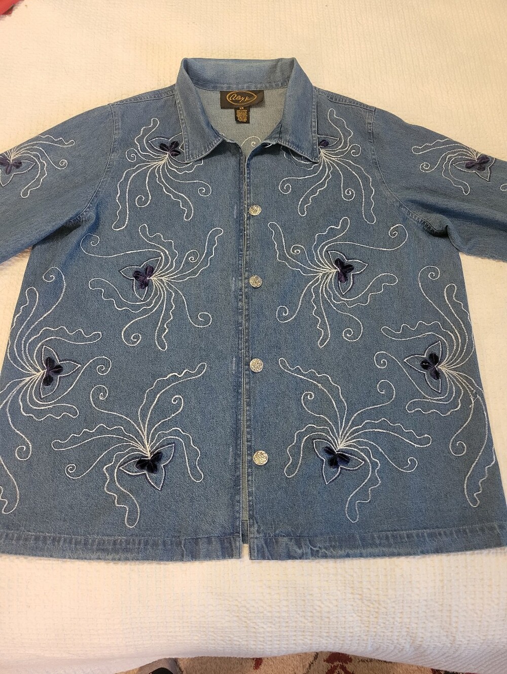 Embroidered Denim Jacket - Light Blue 100% Cotton Size 2X.